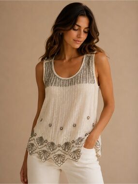 Bar III Ivory Beaded Embellished Sheer Tank Top Size Medium